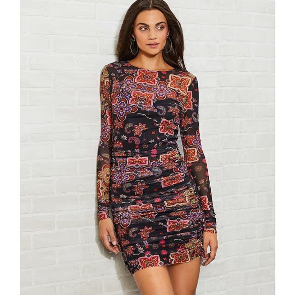 Lady Floral Dress Mesh Long Sleeve Midi See Through Lace Black Floral Print S